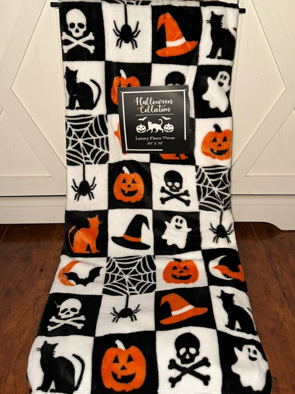 Halloween Checkered Plush Throw Blanket - Black, White & Orange
